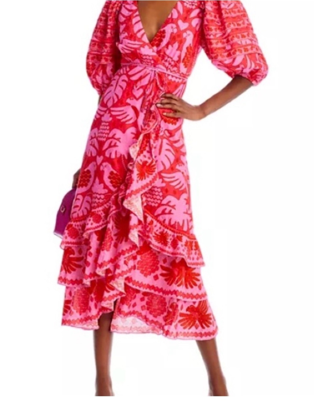 FARM Rio Pink and Red Jungle Scarf Floral Wrap Midi Dress
